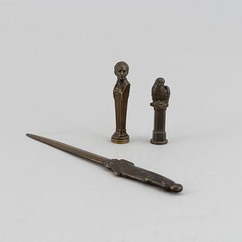 Seal stamp and a letter knife. Bronze 27 cm, 9.5 cm and 8.5 cm.