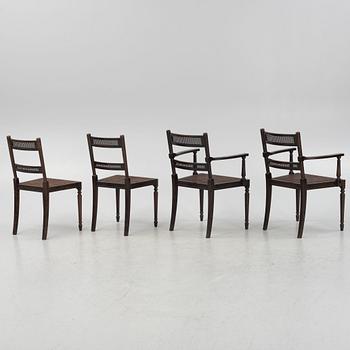 A pair of stained birch armchairs, and a pair of chairs, 'Harding' Nordiska Kompaniet, first half of the 20th Century.