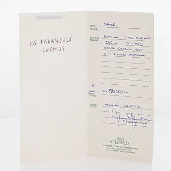 Sormus, platinaa, briljanttihiottu timantti n. 2.60 ct. Todistus Tillanderilta.