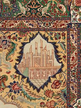 A carpet, old Tabriz part silk figural, ca 263,5 x 177 cm.