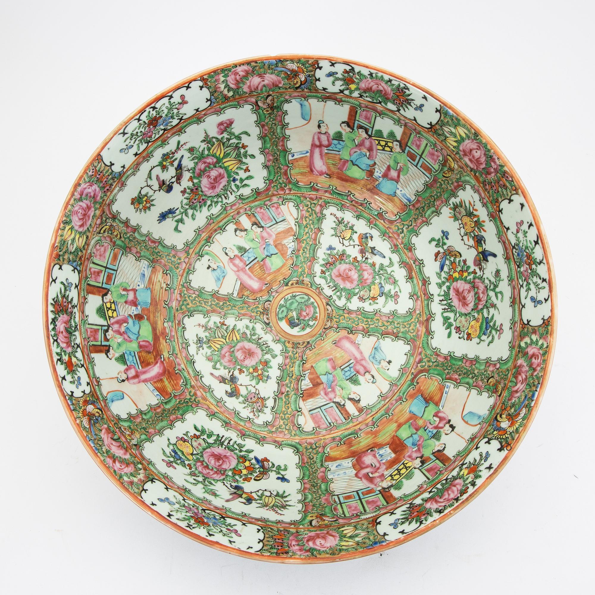 Bålskål samt fat 3 st Kina  Kanton sent 1800-tal porslin.