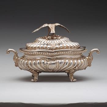 A pair of English mid 18th century silver tureens, marks of Frederick Kandler, London 1755.