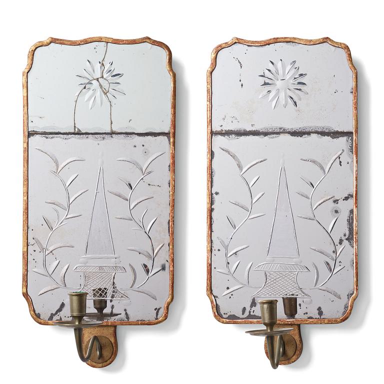 A pair of Swedish Rococo one-light girandole mirrors by Johan Åkerblad 1775 (master in Stockholm 1758-1799).