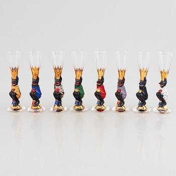 Gunnar Cyrén, eight 'Nobel' schnapps glass and a decanter with stopper, Orrefors, Sweden.