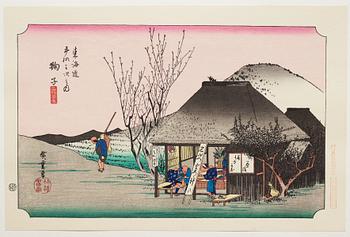 ANDO HIROSHIGE, senare avdrag, mapp, "The fifty-three stations on the tokaido", utgiven av Kata Hanga Kenkyujo.