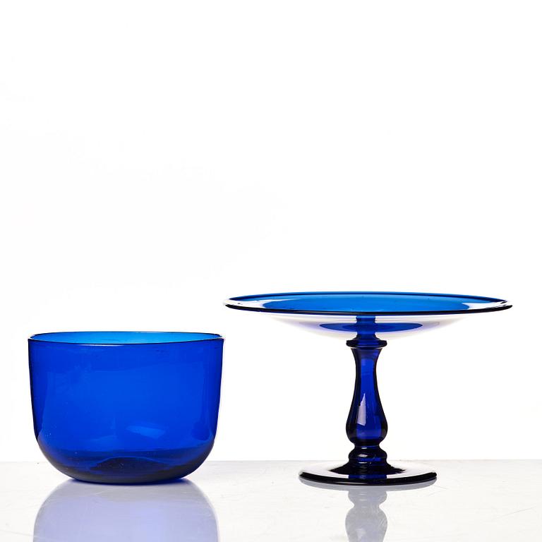 A blue glass tazza and bowl, 19th Century.