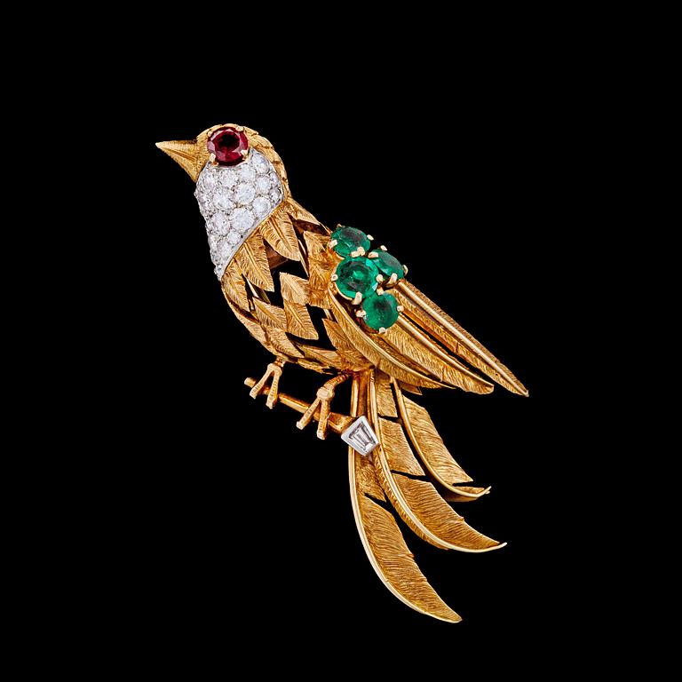 A Cartier diamond, ruby and emerald brooch, 1950's.