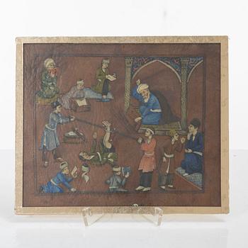 Unidentified artist, three paintings on leather, Iran, late Qajar dynasty/20th century.