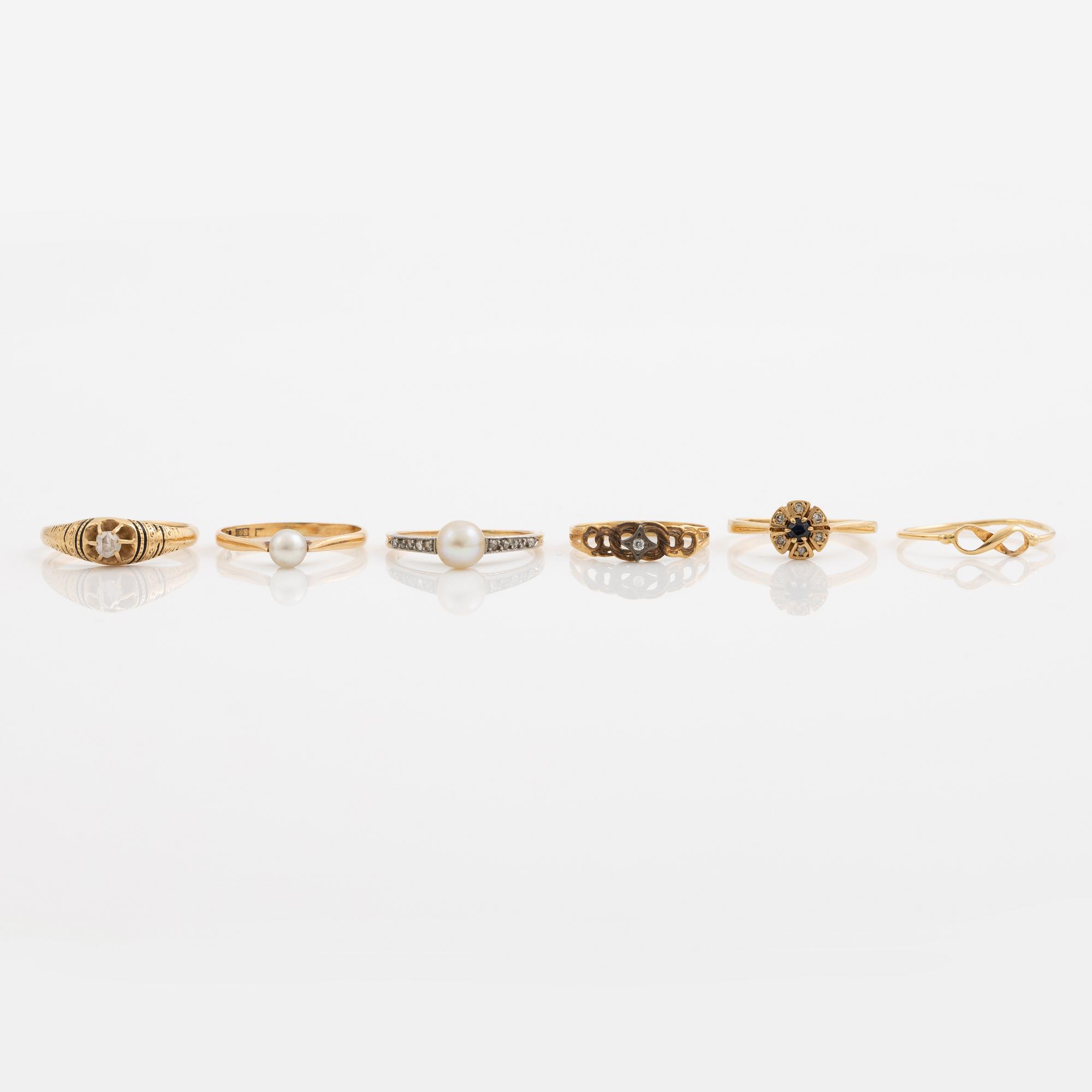 Ring, six pieces, 18K gold with, among other things, pearls and rose-cut diamond.