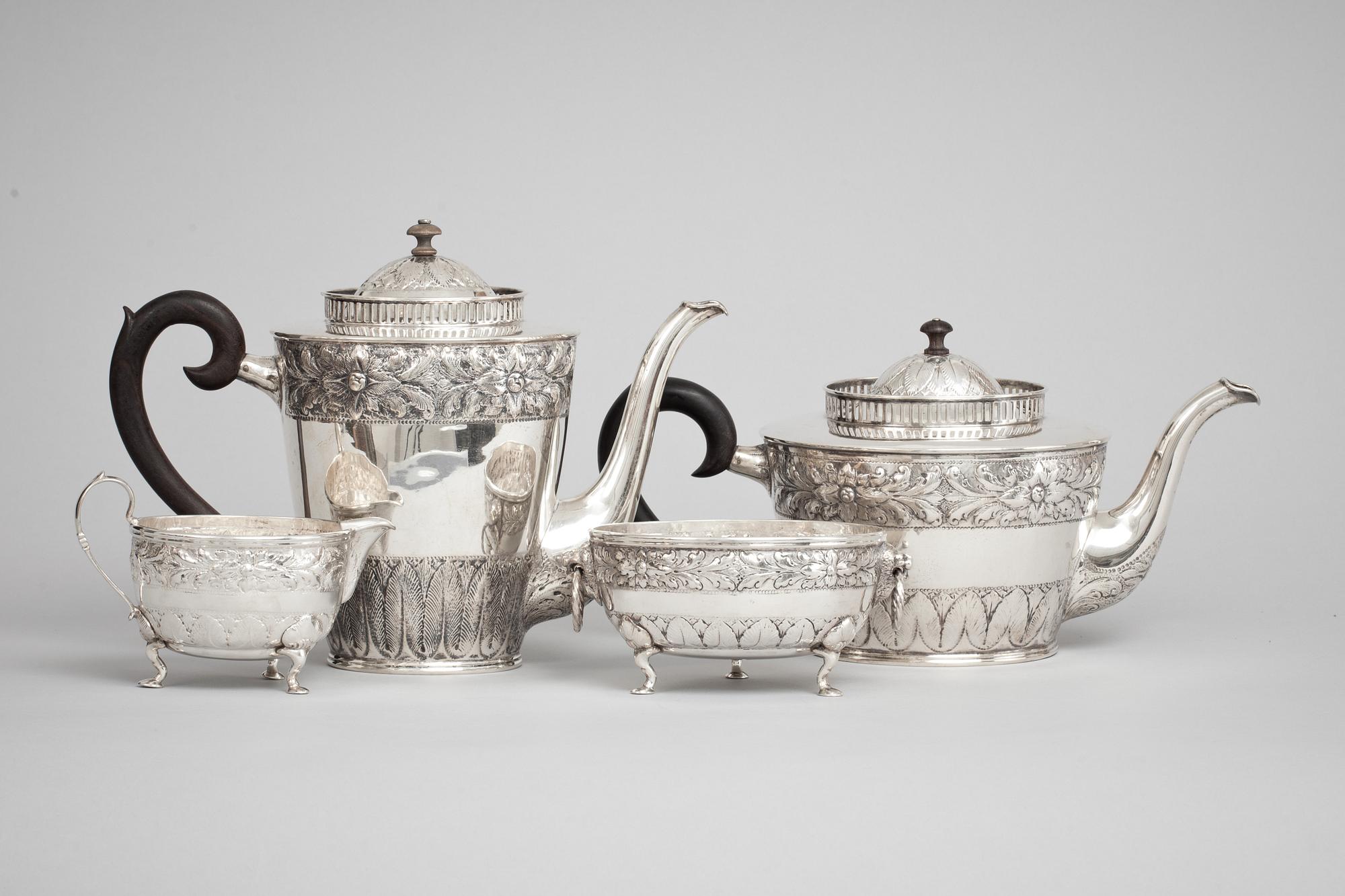 KAFFE/TESERVIS, 4 delar, silver, A. Steffensen för Christian F Heise, Danmark, 1900-talets början, total vikt ca 1322g.