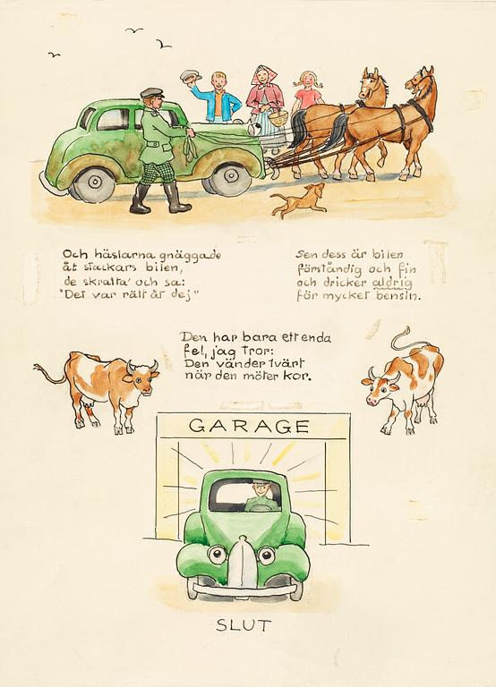 Elsa Beskow, The red bus and the green car. Illustrated children's story by Elsa Beskow.