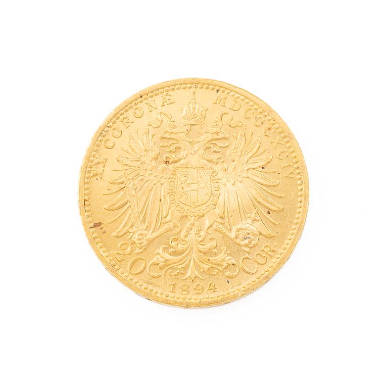 Gold coin, Austria-Hungary, 20 Corona, 1894.