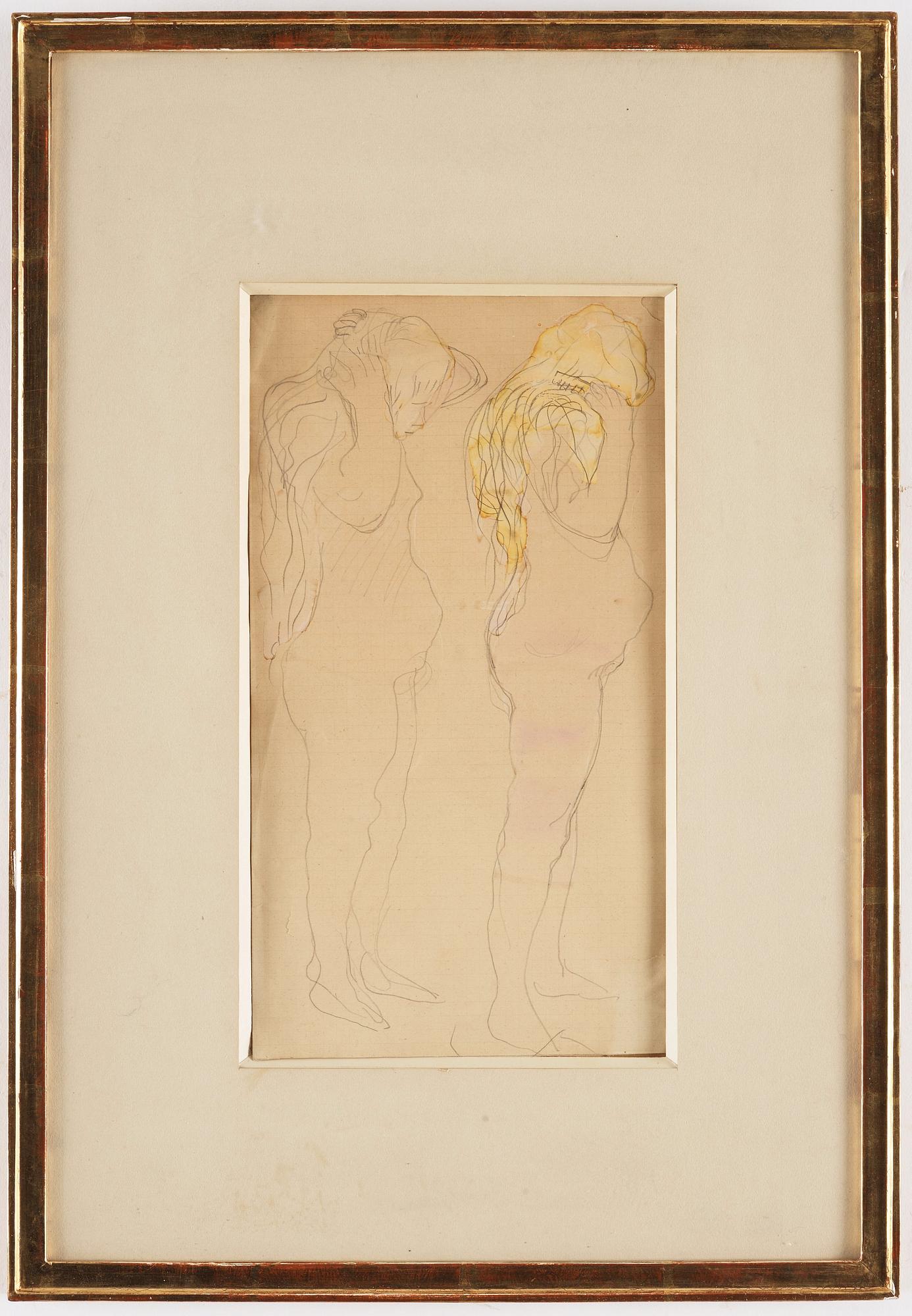Auguste Rodin, Two studies of a nude figure combing her long blonde hair.