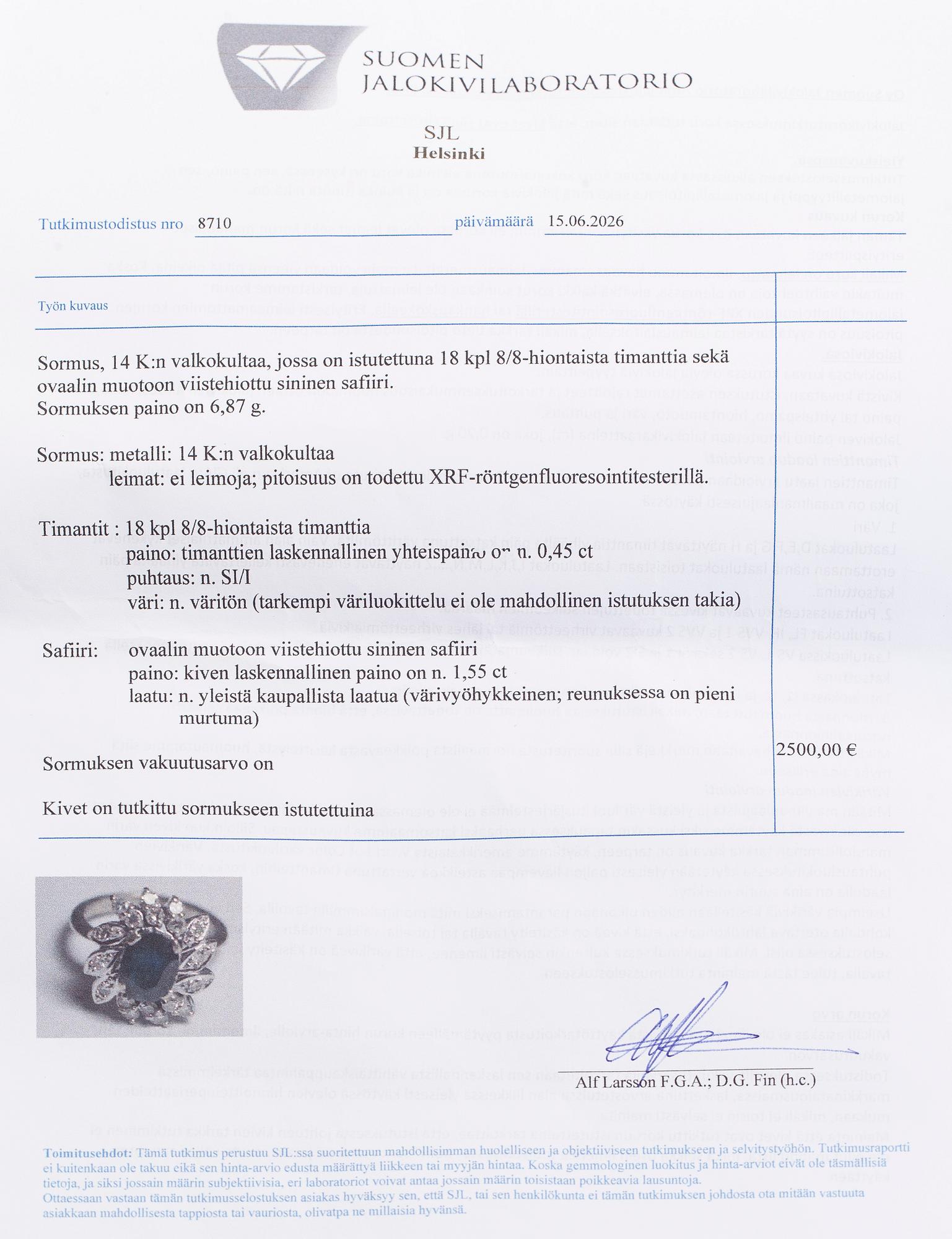 Sormus, viistehiottu safiiri, 8/8-hiotut timantit, 14K valkokultaa.