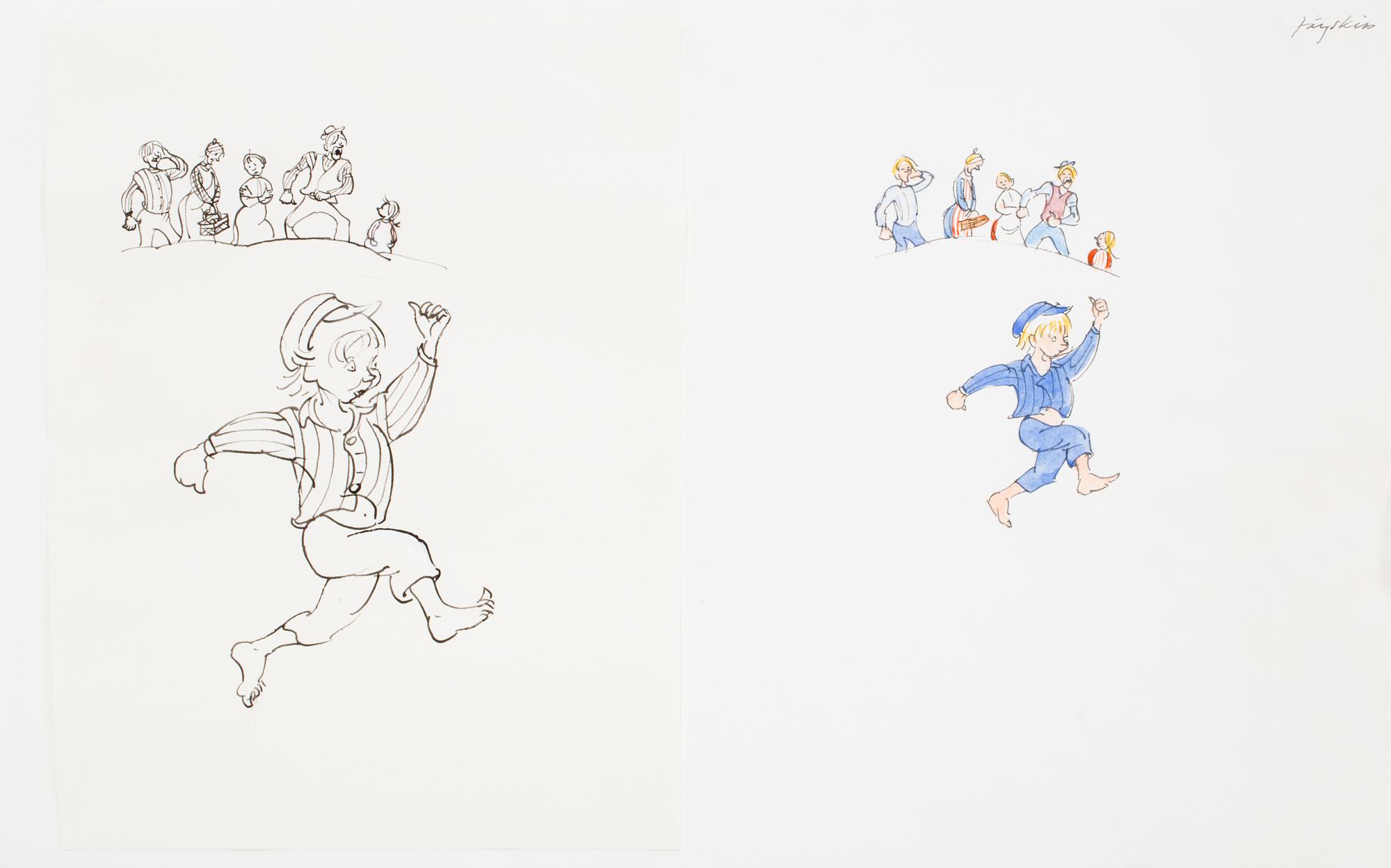 BJÖRN BERG, tuschteckning och akvarell på papper "Emil i Lönneberga".