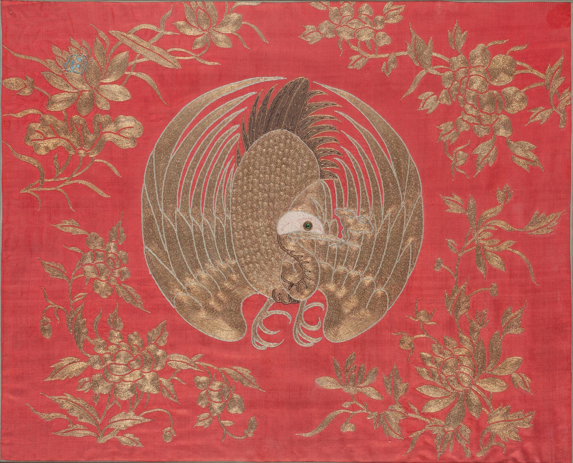An embroidery with gold thread on silk. Possibly Japan, turn of the 20th century.