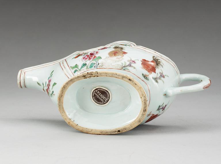 A famille rose rooster sauce boat, Qing dynasty, Qianlong (1736-95).