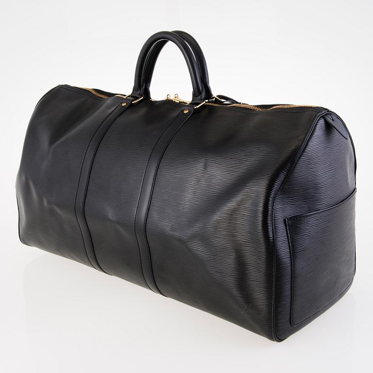LOUIS VUITTON BLACK EPI LEATHER KEEPALL 55 TRAVEL BAG.