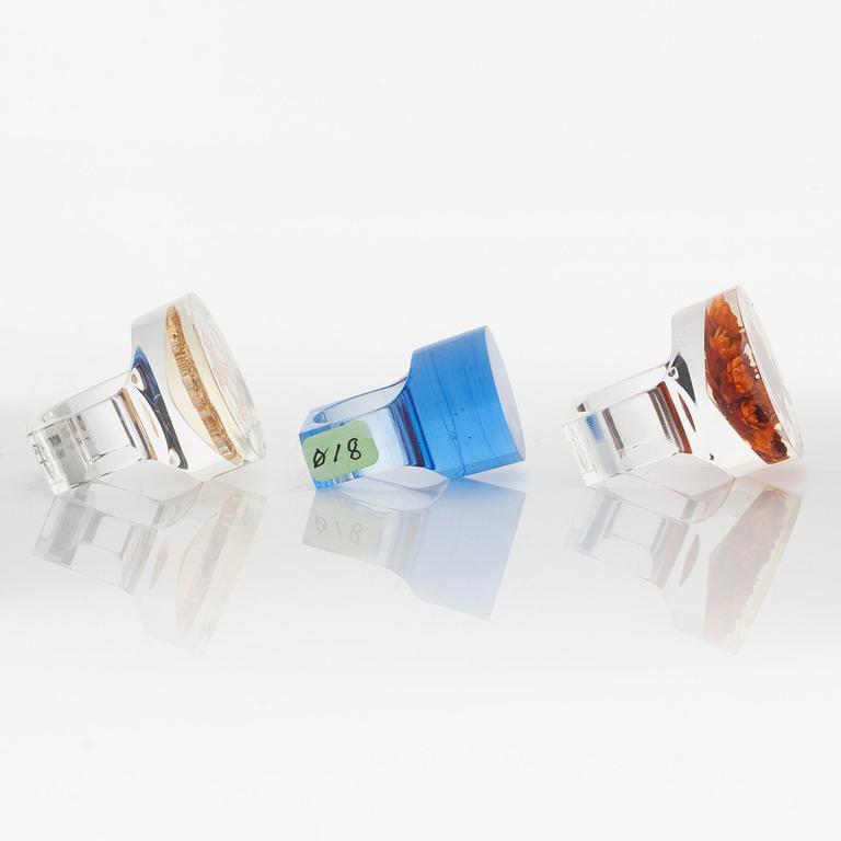 Siv Lagerström, three rings, acrylic plastic. Engravings from the 1970s.