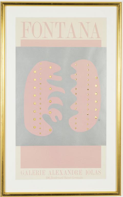 Lucio Fontana, utställningsaffish/färgserigrafi med stansade hål, 1966.