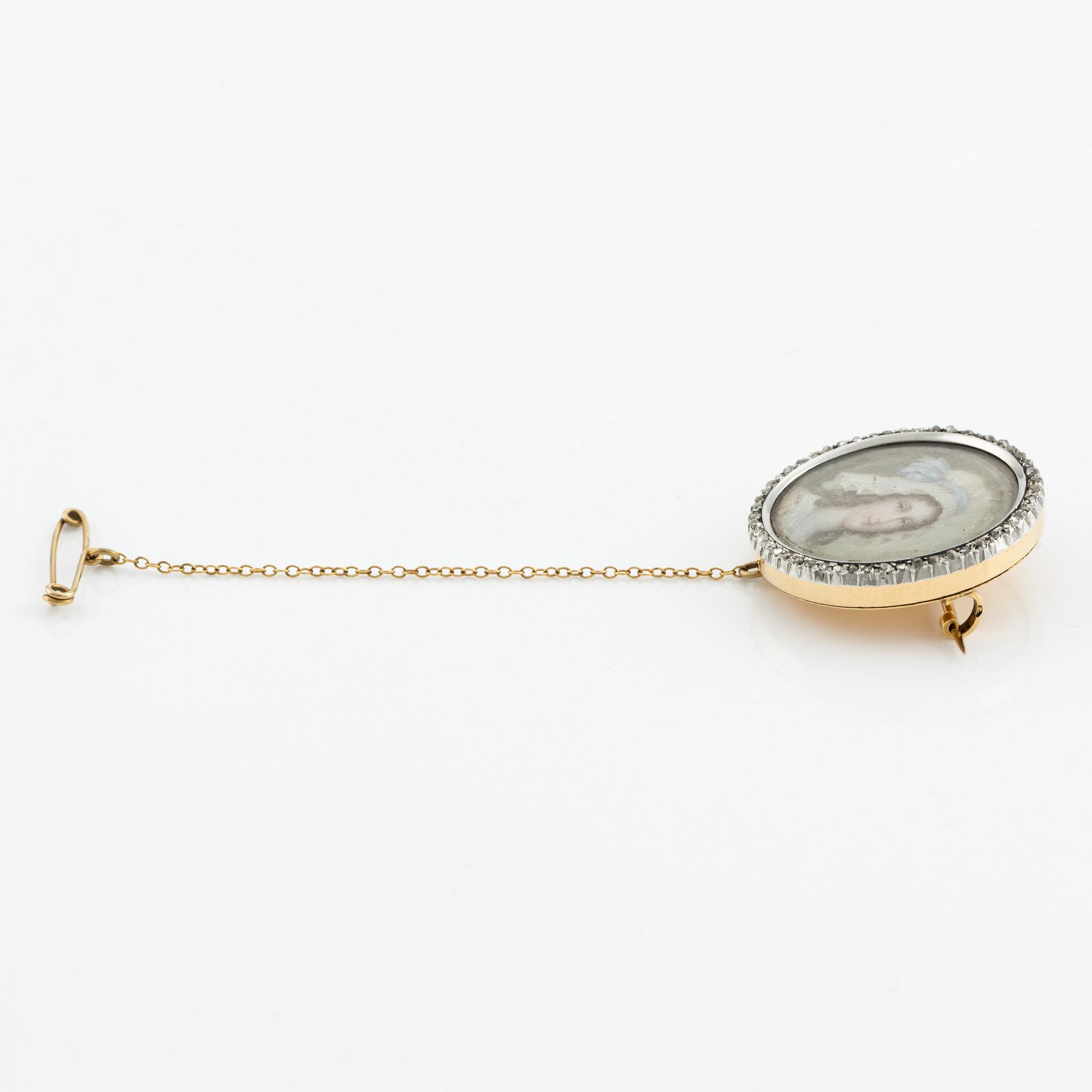 Brooch in gold with miniature portrait, wreath with rose-cut diamonds.