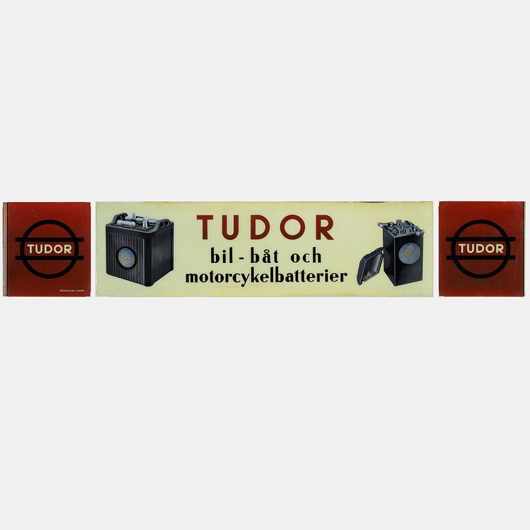 Three handpainted glass advertising signs, 'Tudor', Södermalms skyltfabrik, 1940's.