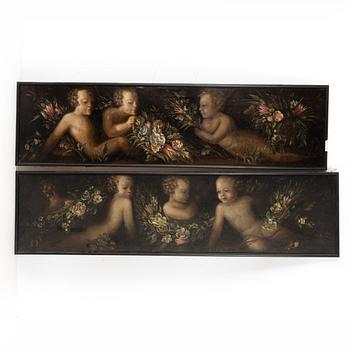 Door overpieces, two pieces, circa 1900. Putti and flowers.