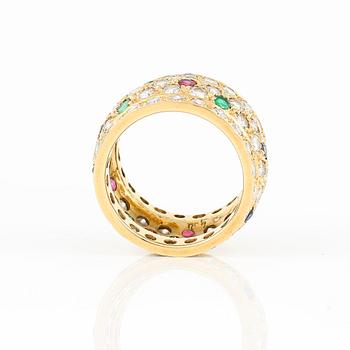RING, 18K guld med 80 st briljantslipade diamanter tot ca 2,40 ct, rubiner, smaragder och safirer. Vikt 6,5 g.
