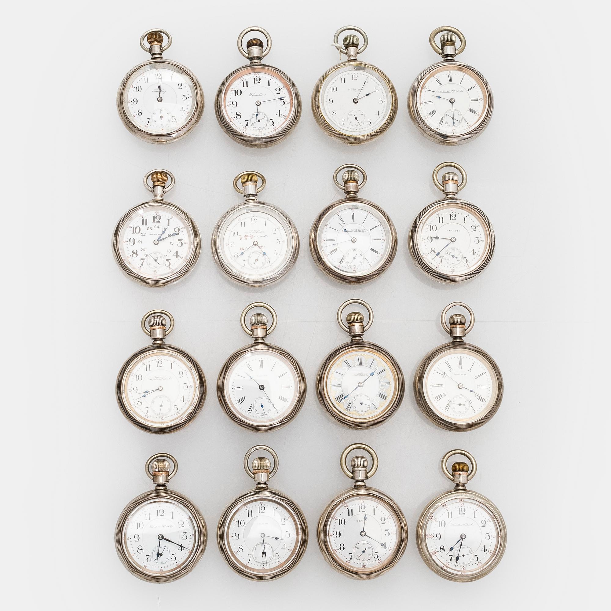 Kokoelma taskukelloja, 16 kpl, hopeaa.
