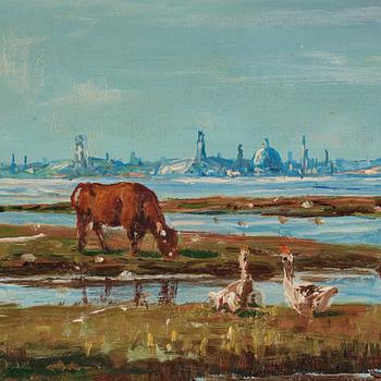 Niels Christiansen, A landscape with horses, cows and geese.