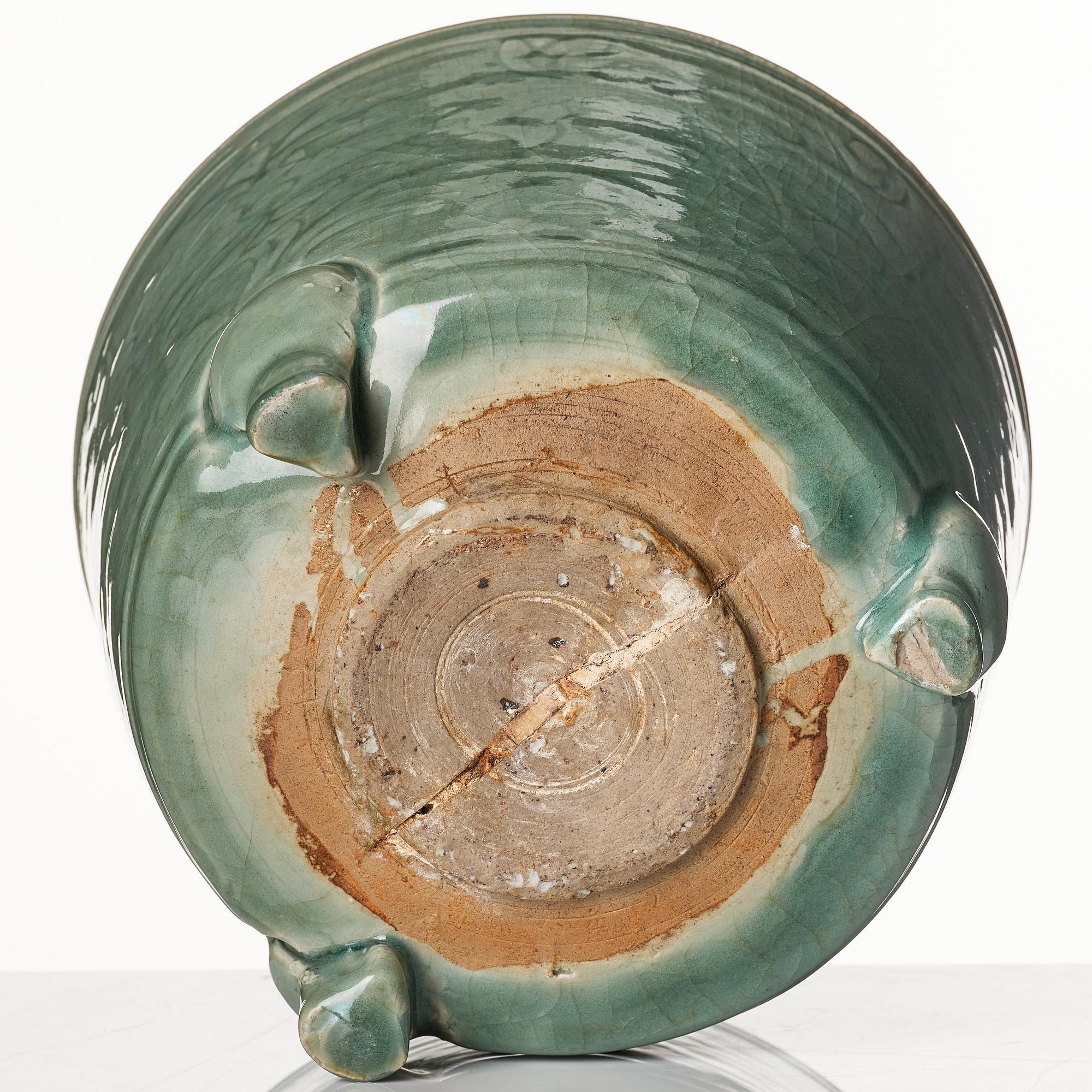 A large celadon tripod censer, Ming dynasty (1368-1644).