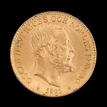 GULDMYNT, 10 kronor, Oscar II, 1901.  Vikt ca 5 gram.