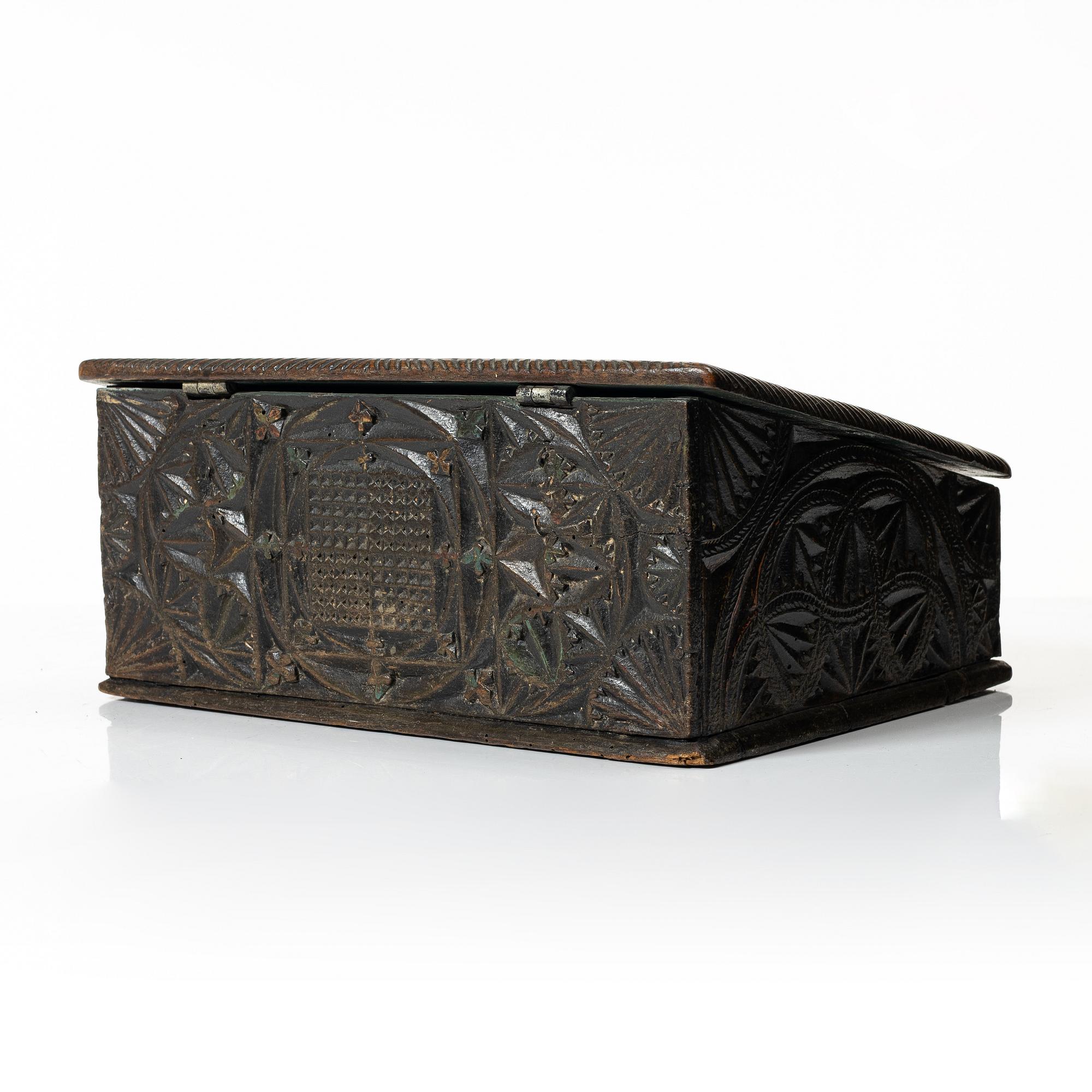 A carved wooden box, Sweden, 19th century.
