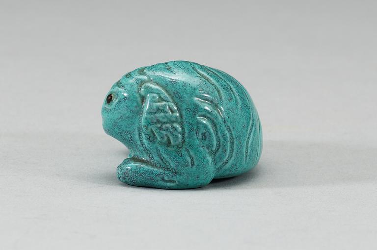 A robins egg glazed figure of a reclining elephant, Qing dynasty, presumably Qianlong (1736-95).
