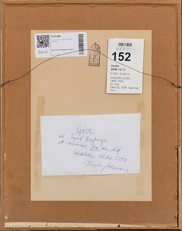 Anders Zorn, a signed etching from 1906.