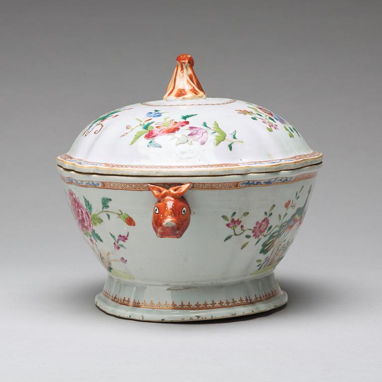 A famille rose 'double peacock' tureen with cover, Qing dynasty, Qianlong (1736-95).