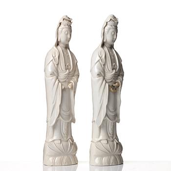 A pair of blanc de chine figures of Guanyin, 18th Century.