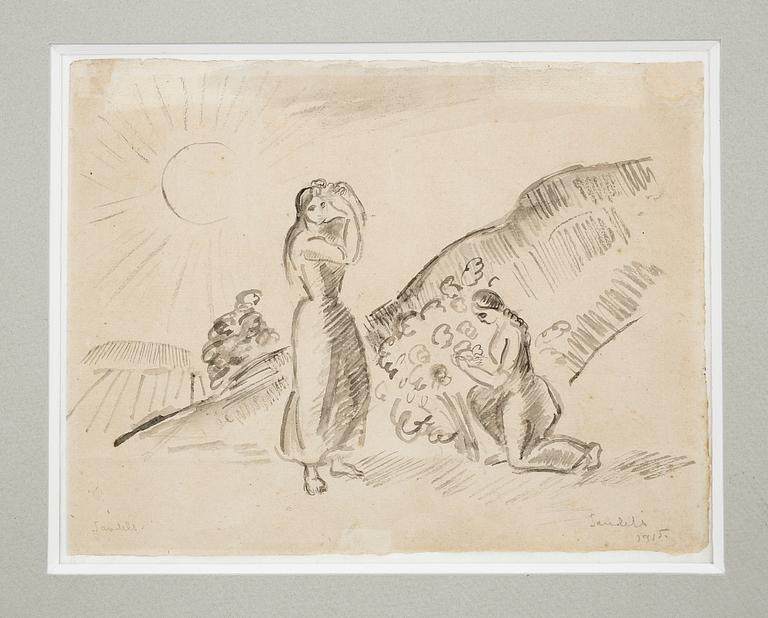 GÖSTA SANDELS, teckningar, 2 st,  kol och blyerts på papper samt akvarell. Signerade och daterade.