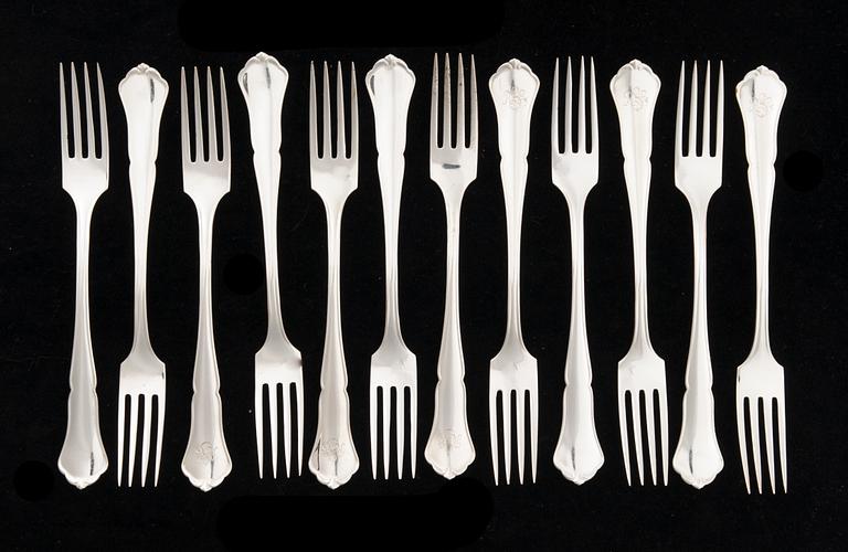 BESTICK, 80 delar, silver, "Chippendale", Kultakeskus, Tavastehus, 1950-tal. Totalvikt utan knivar ca 1963 g.