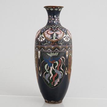 A Japanese cloisonné vase and a porcelain 'a thousand faces' satsuma dish, Meiji (1868-1912) and 20th century.