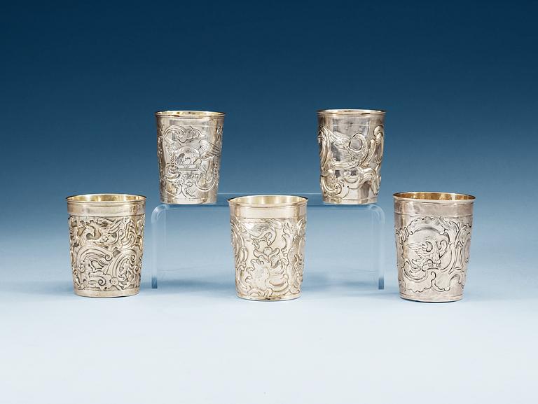 Five Russian 18th century silver beakers, marked Moscow.