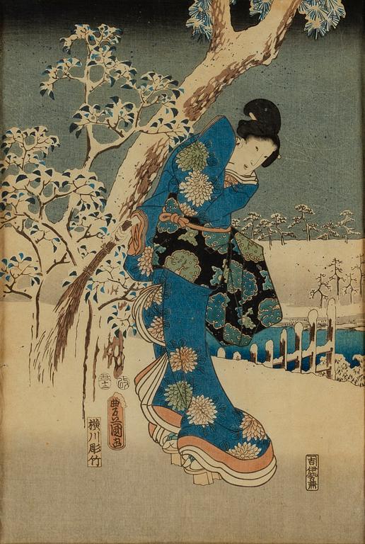 Utagawa Hirogshige I, i samarbete med Toyokuni III, efter. Färgträsnitt, triptyk, Japan, 1800-tal.