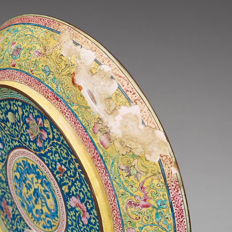 An enamel on copper dish, Qing dynasty 18th century.