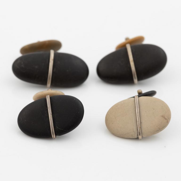Cufflinks, two pairs, silver with beach stones, Terrs.