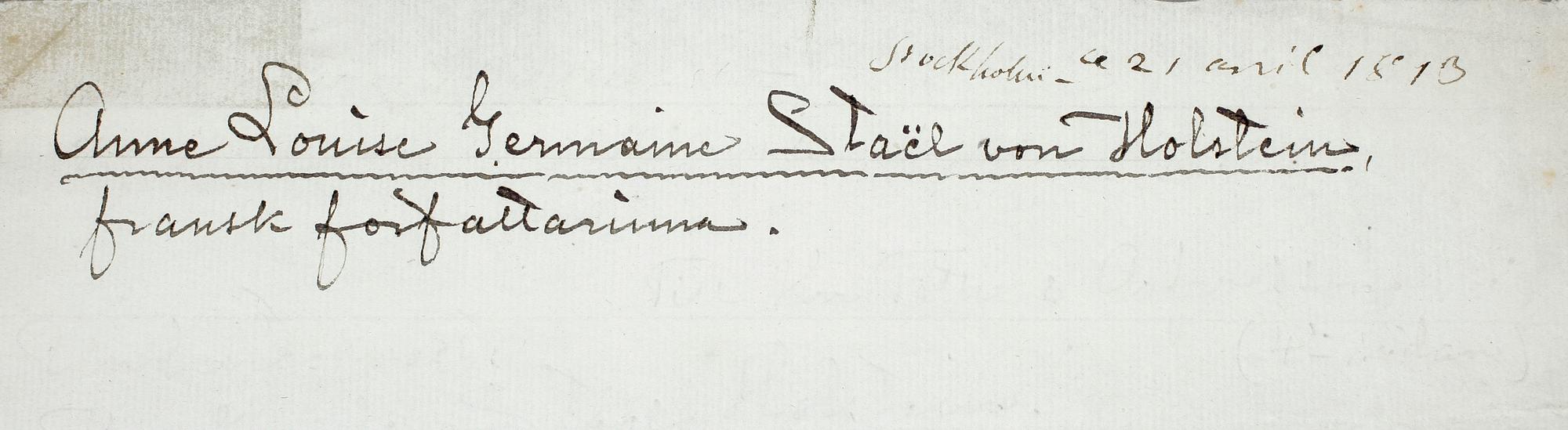 MADAME DE STAËL, GERMAINE NECKER(1766-1817), brev, sign o dat 1813.