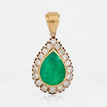 An emerald, circa 10 cts, and diamond, in total circa 2 cts, pendant.