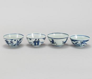 A group of four blue and white bowls, Ming dynasty (1368-1644).