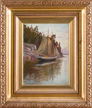 Ejnar Kohlmann, Sailing boat by the shore.