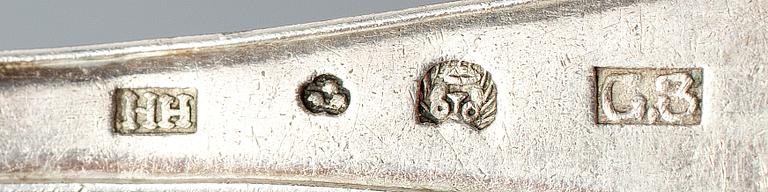 SOCKERSTRÖARE, 6 st, silver, bl a Johannes Gadd, Umeå. 1800/1900-tal. 278g.