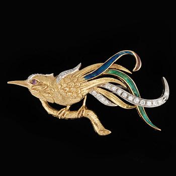 BROSCH, 18k guld med briljantslipade diamanter tot ca 0,29ct och liten rubin. Vikt 14,6g.